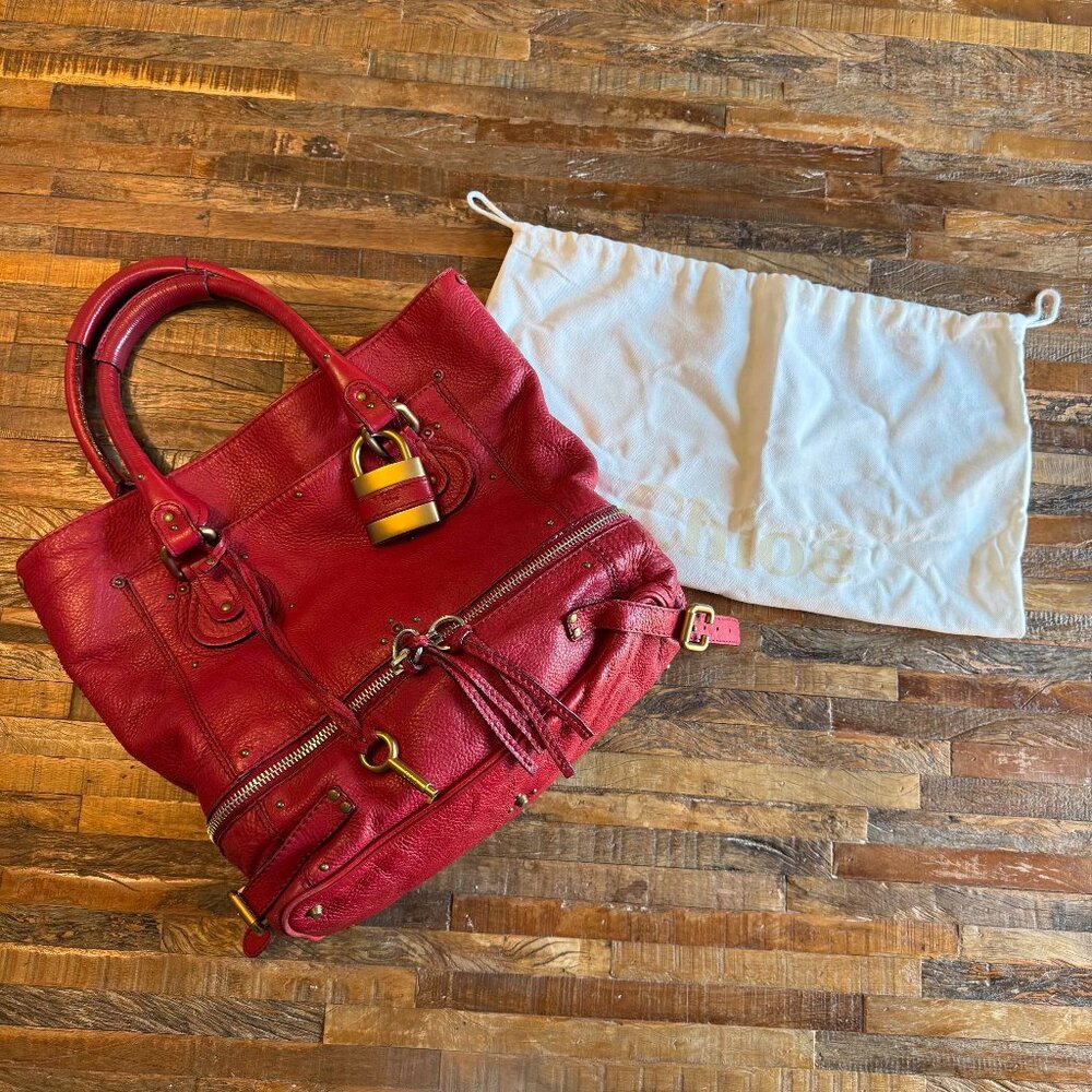 CHLOE l Authentic Red Leather PADDINGTON l Shopper Tote Handbag - Picture 2 of 12